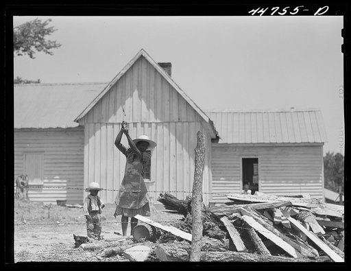 While her husband is out plowing Mrs Willie Lewis chops wood for the stove. On the Jones farm, Greene County, Georgia