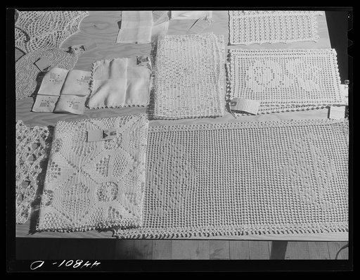 Crochet work done by farm women in Virginia. At the Virginia craft co-op on U.S. Highway No. 1, twenty miles north of Fredericksburg, Virginia
