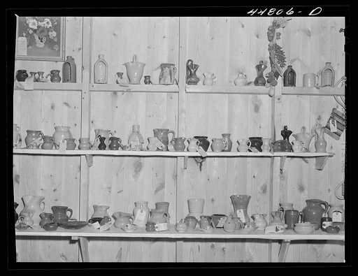 A display of pottery at the Virginia crafts co-op on U.S. Highway No. 1 about twenty miles north of Fredericksburg, Virginia