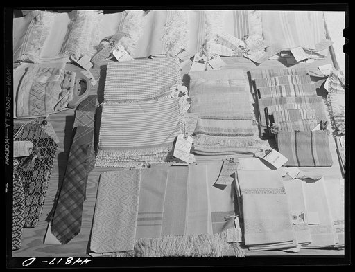 A display of handwoven materials at the Virginia craft co-op on U. S. Highway No. 1, about twenty miles north of Fredericksburg, Virginia