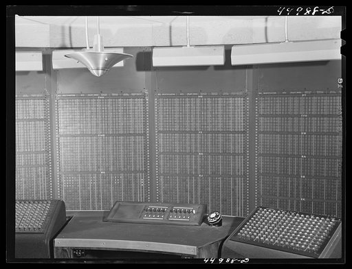A new electrical control board just installed to take the place of the old manual one. In the airport control room. Washington D.C. municipal airport