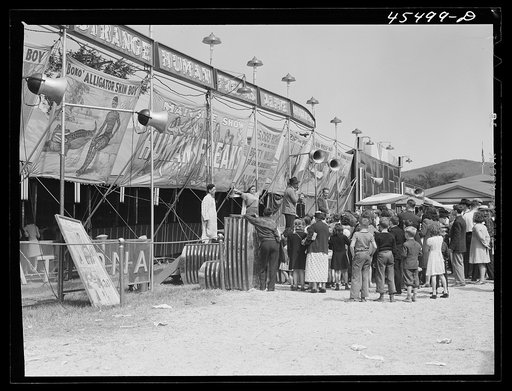 Untitled photo, possibly related to: Outside a freak show at the Rutland Fair, Vermont