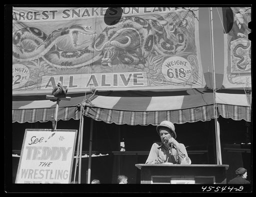 Barker at the fairgrounds at Rutland Fair, Vermont