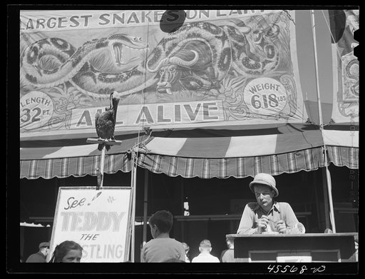 Untitled photo, possibly related to: Barker at the fairgrounds at Rutland Fair, Vermont