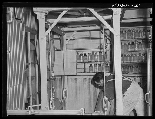 Untitled photo, possibly related to: Weighing milk at the Burlington cooperative milk bottling plant. Burlington, Vermont