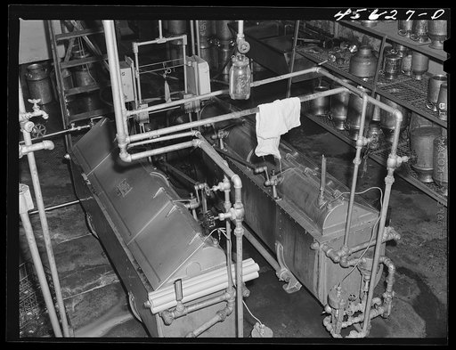 The pasteurizing unit at the Burlington cooperative milk bottling plant. Burlington, Vermont