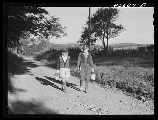 Untitled photo, possibly related to: Two of the Gaynor children going to school near Fairfield, Vermont