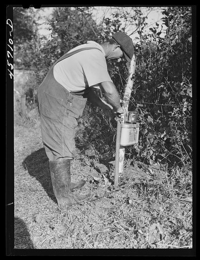 Mr. William Gaynor connecting the electric fence on his farm near Fairfield, Vermont