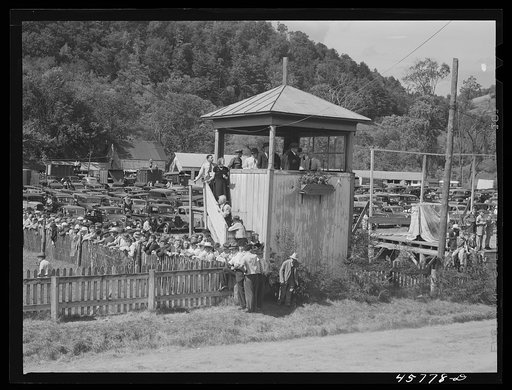Judges stand for the sulky races at the World's Fair at Tunbridge, Vermont