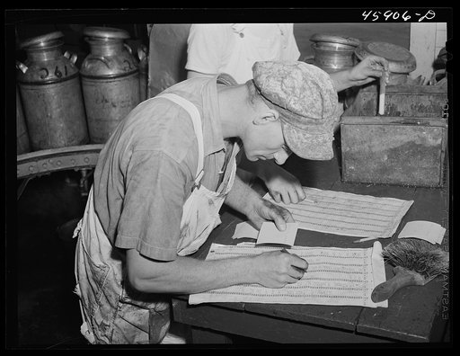 Checking weight of milk in the United Farmers' Co-op Creamery at East Berkshire, Vermont
