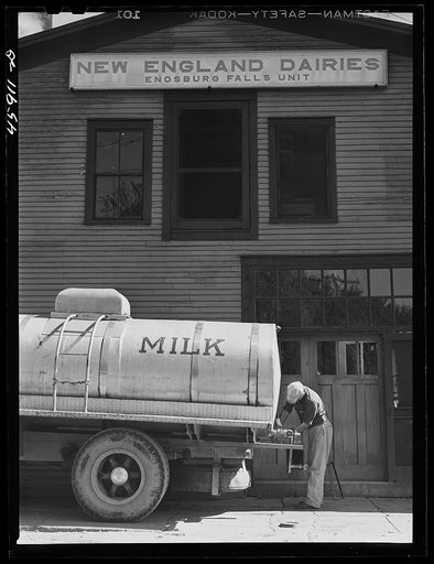 Milk truck in front of a creamery in Enosburg Falls, Vermont