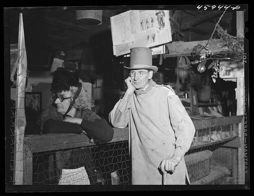 H. R. Dodge and Mrs. Marion Mentzer in the antique building at the "World's Fair" at Tunbridge, Vermont