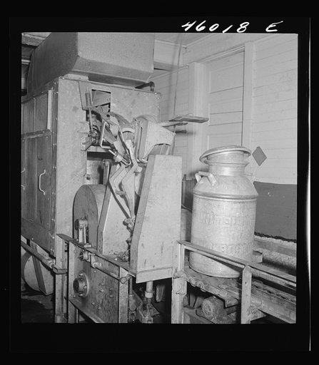 Milk cans on moving belt, just out of the washing machine. The United Farmers' Cooperative Creamery, Sheldon Springs, Vermont