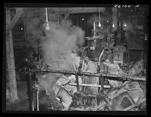 One of the machines that grinds wood into pulp at the Mississiquoi Corporation paper mill in Seldon Springs, Vermont