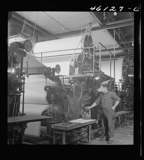 One of the rolling machines in the Mississquoi Corporation paper mill. Sheldon Springs, Vermont