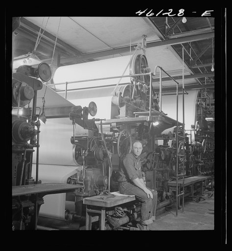 Untitled photo, possibly related to: One of the rolling machines in the Mississquoi Corporation paper mill. Sheldon Springs, Vermont