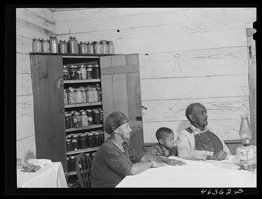 Untitled photo, possibly related to: George Ward and his wife and one of his five children with some of their canned goods. FSA (Farm Security Administration) clients in Meadow Crest, Greene County, Georgia