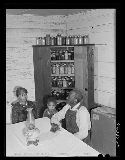 George Ward and his wife and one of his five children with some of their canned goods. FSA (Farm Security Administration) clients in Meadow Crest, Greene County, Georgia