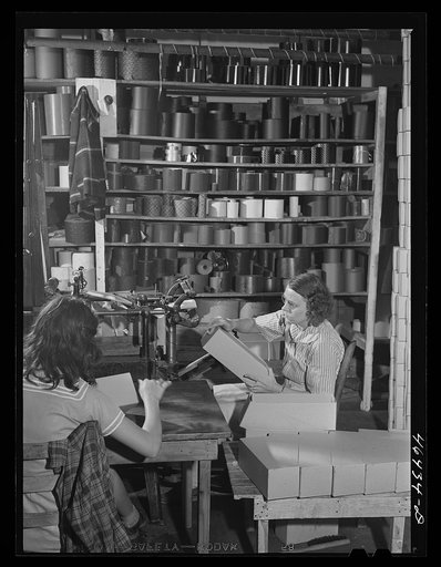 Making boxes to pack socks in the textile mill in Union Point, Greene County, Georgia