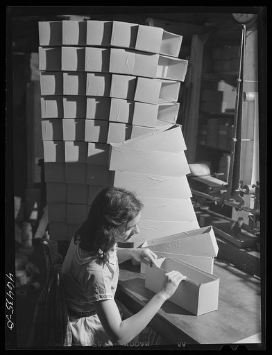 Making boxes to pack socks in the textile mill in Union Point, Greene County, Georgia