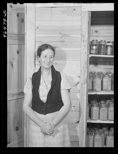Mrs. Ira C. Brown with her canned goods. FSA (Farm Security Administration) clients. Her husband built the cupboard. Union Point, Greene County, Georgia