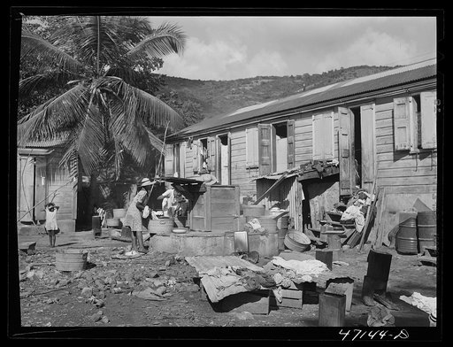 Charlotte Amalie, Saint Thomas Island, Virgin Islands. Backyards of one of the settlements of long row slum houses near the waterfront