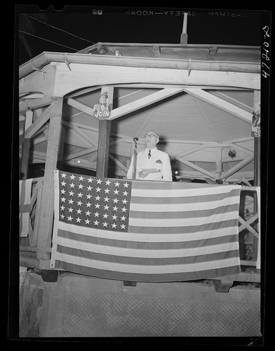 Charlotte Amalie, Saint Thomas Island, Virgin Islands. Governor Harwood making his speech at the Red Cross meeting held in the square
