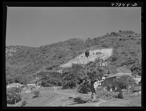 Charlotte Amalie, Saint Thomas Island, Virgin Islands. One of the catchment areas on a hillside for catching and storing rain water. The water supply is one of the serious problems of the island