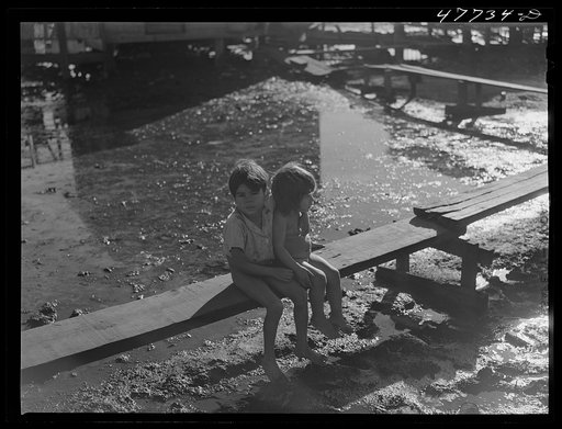 Untitled photo, possibly related to: San Juan, Puerto Rico. Children living in the huge slum area known as "El Fangitto." Improvised "bridges" have been constructed throughout the area as the only means of walking about without wading through the mud, which is very often waist high