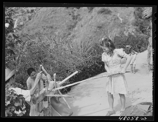 Untitled photo, possibly related to: Utuado, Puerto Rico (vicinity). Grinding a piece of sugar cane with a primitive homemade press at a farm laborer's home