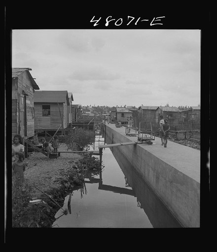 Untitled photo, possibly related to: San Juan, Puerto Rico. In the huge slum area known as "El Fangitto." The concrete causeway is the sewer line from the Eleanor Roosevelt housing project in Rio Piedras