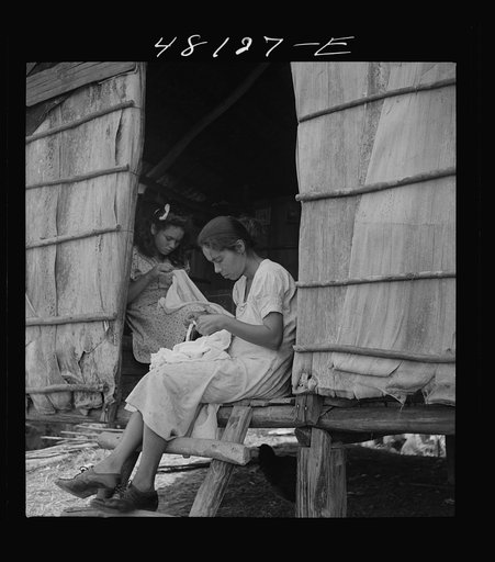 Untitled photo, possibly related to: Utuado, Puerto Rico (vicinity). Stitching needlework at the home of a farm labor family in the hills. It is a widespread practice for factories to distribute hand work in this way