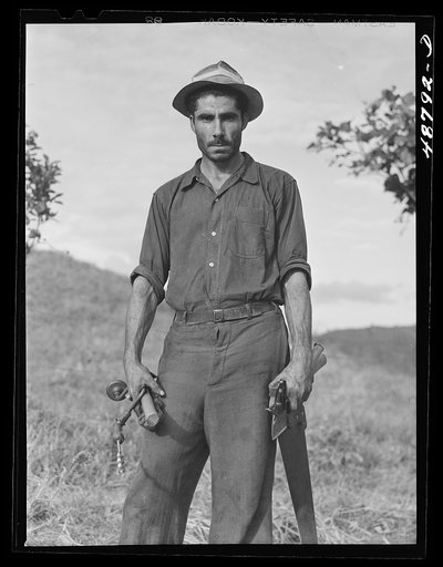 Untitled photo, possibly related to: Caguas, Puerto Rico (vicinity). Farm laborer who also does odd carpentry jobs for people in his neighborhood