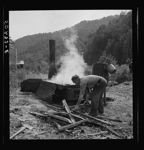 Firing the vat with wood which makes very hot fire for cooking sorghum. Racine, West Virginia