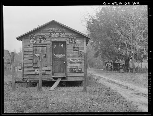 Old barn showing ads for malarial remedies near Summerville, South Carolina