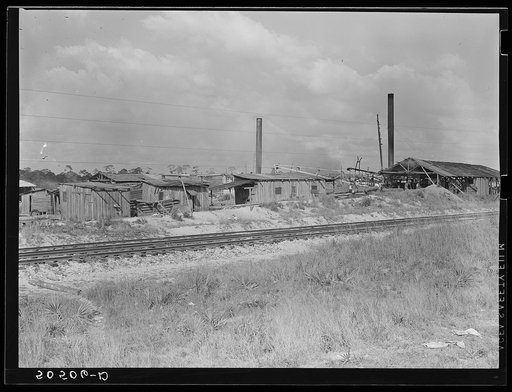 Untitled photo, possibly related to: Small sawmill, Childs, Florida. Owned by "wealthy" man, Mr. Warren, in Fort Meade, Florida. Negro workers build their own shacks out of old lumber from around there, work ten hours a day for two dollars, six days a week. The children don't go to school