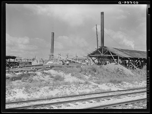 Small sawmill, Childs, Florida, owned by "wealthy" man, Mr. Warren in Fort Meade, Florida. Negro workers build their own shacks out of old lumber from around there, work ten hours a day for two dollars, six days a week. The children don't go to school