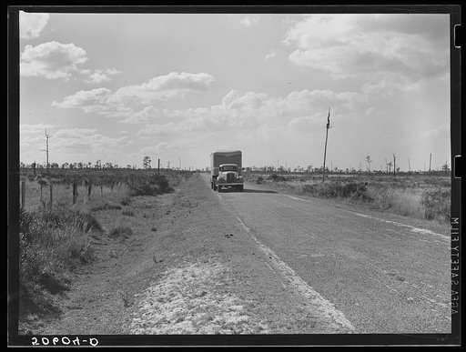 Trailertruck loaded with vegetables going north on typical Florida road and country near Winter Haven, Florida
