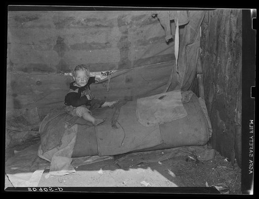 "Buddy," youngest child of migrant packinghouse worker from Tennessee, sitting on the only bed for six people, which is rolled out on the ground at night and pushed into the back during the day. Belle Glade, Florida