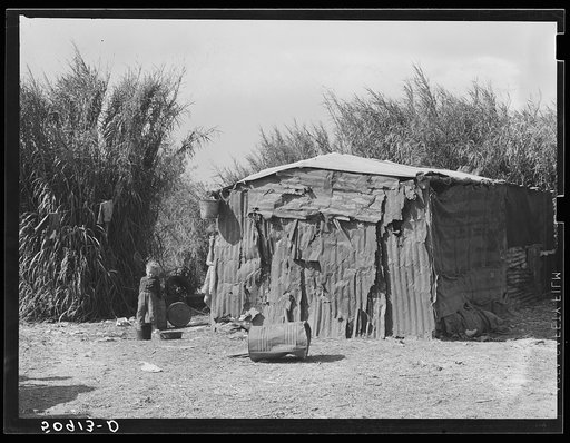 Migrant packinghouse workers' shack or "lean-to" made of old rusty pieces of galvanized tin and burlap. It is beside a canal in the "muck" and "swamp" cane." No lights or furniture, no water, only that which they haul from the packinghouse. Twelve people from Tennessee live there. Belle Glade, Flori