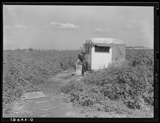 Migrant packinghouse laborer's homemade trailer home. Belle Glade, Florida. They are from Pennsylvania, have two children. Both parents work