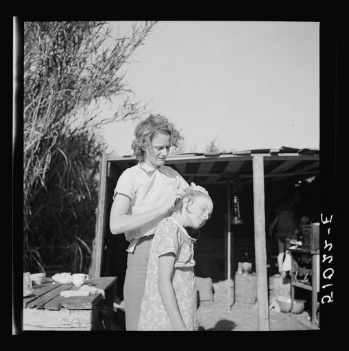 Young woman packinghouse worker from Tennessee, trying to get the black muck, which causes an itchy rash and sores and scabs on scalp, out of her oldest child's hair. The water is from the dirty canal nearby. She has three other children. Belle Glade, Florida