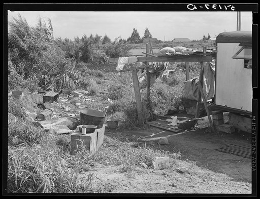 Migratory packinghouse workers' trailer (see 51118-D) showing garbage disposal and no toilet facilities. Belle Glade, Florida