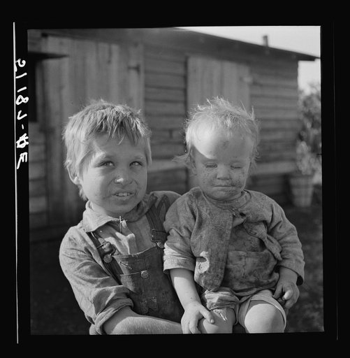 Migrant laborer's children. Mother was thirty-two years old, had had eleven children, two sets of twins, six are now living. She and her husband lost jobs in packinghouse because they cut down in help or closed after the "freeze-out." The older boy said "This little 'uns fell off so since we come he