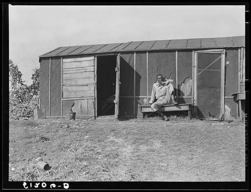 Migrant laborer and his living quarters in vegetable picking section near Lake Harbor, Florida