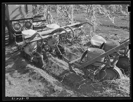 Tractor with bean planter and fertilizer used on large flat muck farm land, about 2000 acres, near Lake Okeechobee and Clewiston, Florida