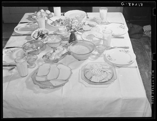Balanced diet at Helms family supper: roast beef (home canned) turnip greens, potato salad, stuffed eggs, lima beans, rice, pear pickles, biscuits, cornbread, butter, milk, peaches, cake. Coffee County, Alabama