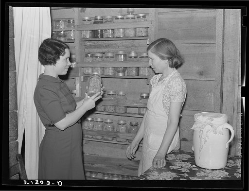 Mrs. Lewis (R.R.-Rural Rehabilitation) talking to home economist, Miss Maddox, about her canned goods. Coffee County, Alabama