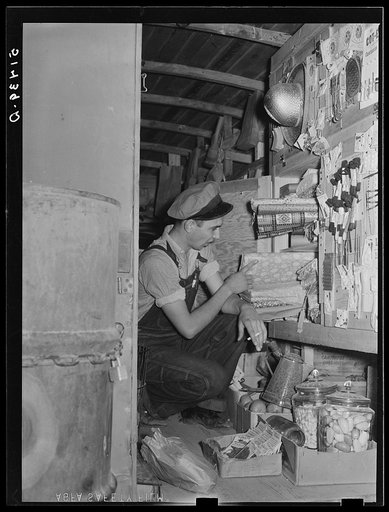 Inside of rolling store with tank of kerosene on back (at left). Coffee County, Alabama. Average daily sale is sixty dollars and they take in lots of produce