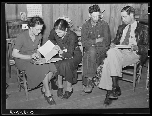 Untitled photo, possibly related to: At a meeting of the Clark Hill Club, conducted by Miss Velma Patterson, vocational field worker from Elba, at the home of FSA (Farm Security Administration) project family, J.A. Veasy. The women discuss materials for clothing and curtains. Coffee County, Alabama